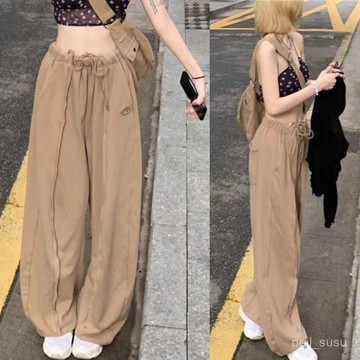 P3-【限時特賣】長褲女 女生褲子 寬褲 運動褲 冰絲長褲 高腰褲 顯瘦長褲美式復古刺繡拚接不規則褲子女夏季薄款抽繩闊腳