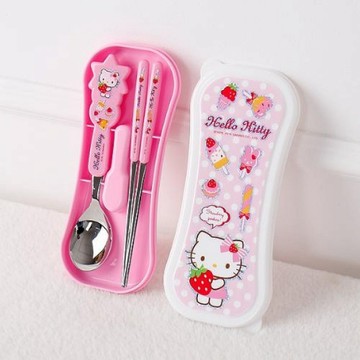 【震撼精品百貨】Hello Kitty 凱蒂貓~kitty 304不鏽鋼湯匙&筷子附塑膠收納盒(抱草莓)#70328