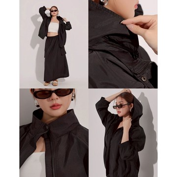 AIR SPACE PLUS 2WAY立領連帽防風機能拉鍊外套(黑/綠) 女裝 現貨 大尺碼 中大尺碼