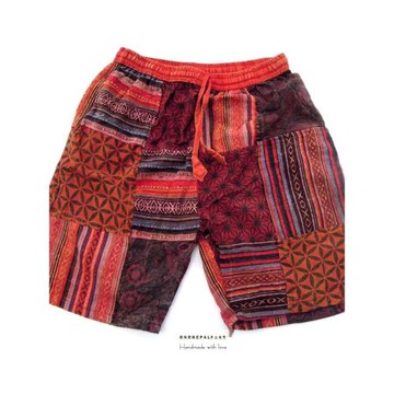 做舊拼接男士短褲嬉皮復古中褲純棉印花寬松休閑工裝褲復古馬褲