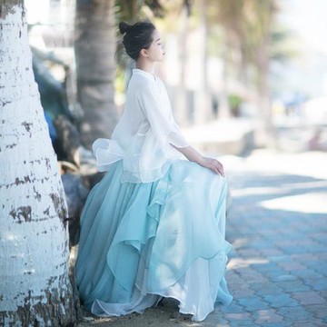 棉麻記雙層雪紡半身裙女春夏2025年新款文藝茶人服大裙擺清新長裙