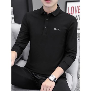 長袖t恤男裝帶領翻領保羅polo衫男潮流黑色秋季上衣服打底衫體恤