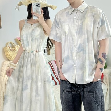 情侶裝 夏季洋裝 連身裙 大碼S-3XL 吊帶裙 襯衣長裙 男款 女款 一衣一裙 法式度假 沙灘