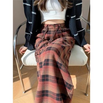 窄版毛呢格子褲女2026新款春季高腰寬松休閑垂感小個子拖地闊腿褲