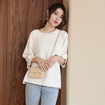 OB嚴選-金屬紗線針織圓領六分袖上衣/毛衣