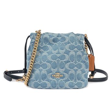 COACH FAYE 滿版C LOGO 單寧牛仔手提/斜背迷你兩用抽繩水桶包-單寧藍色