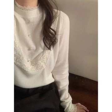 白色半高領拼接蕾絲針織毛衣內搭打底衫女秋冬長袖設計感小眾上衣