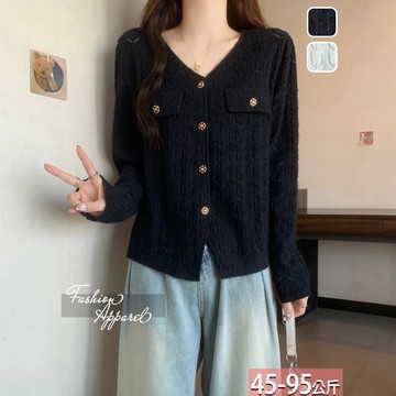 針織V領翻蓋幾何鏤空開衫(2色) L-4XL【584567X】【現+預】☆流行前線☆