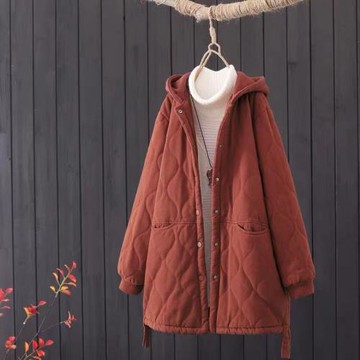 蒲席 復古連帽菱格全棉冬季夾棉加厚中長款棉衣外套開衫女 厚棉衣