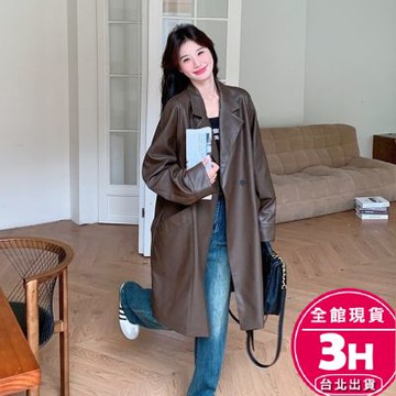 【梨卡】隔日到貨 女裝 外套 皮衣 復古皮衣 中長版外套 寬鬆 休閒風衣 高級感外套 氣質風衣 WT382【現貨24H】