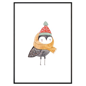 聖誕節來的小鳥 戴帽子和圍巾的鳥 聖誕裝飾畫  30 x 40cm  黑色