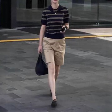 660511大愛美依緣2025夏季新款翻領條紋短袖polo衫高腰短褲顯瘦女