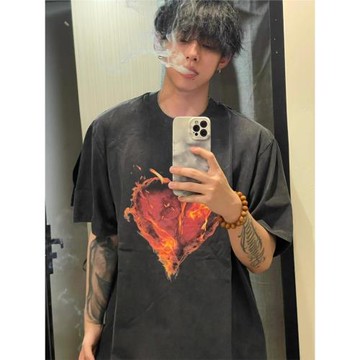 重磅潮牌愛心火焰做舊短袖t恤男夏季設計感小眾美式復古水洗上衣