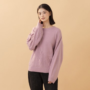 【MOSS CLUB】不對稱麻花拼接長袖針織上衣 藍 杏 紫 (魅力商品)