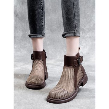 真皮網紗涼靴女2025夏新款網靴百搭舒適軟底平底透氣網面網眼涼鞋