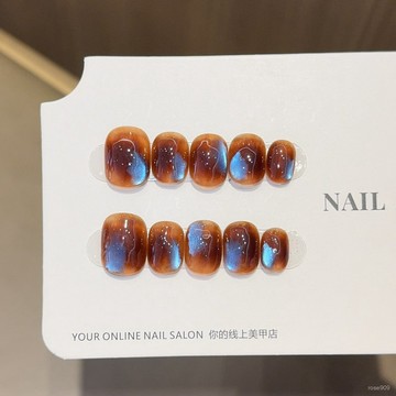 💕加一出品💕【熒光海岸】棕色暈染純手工穿戴甲秋冬短款美甲貼片ins風假指甲精緻穿戴甲 VEIJ
