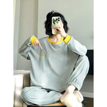 簡約條紋笑臉睡衣女春秋純棉長袖束口褲套裝日系可外穿時尚家居服