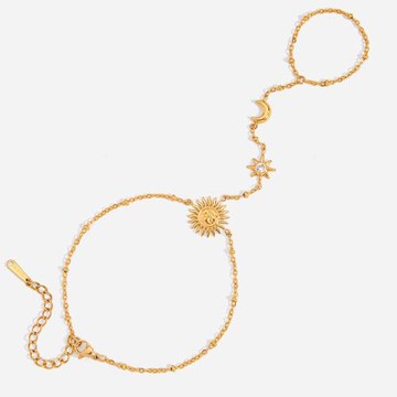 靜俏設計感經典風18K金不銹鋼太陽帶鉆星星月亮夾珠鏈連指手鏈