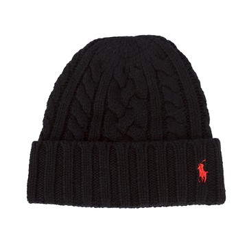 POLO Ralph Lauren小馬羊毛混紡麻花針織毛帽(黑色)780979-001｜GoBrand購名牌
