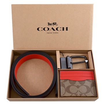 COACH C8278 質感PVC雙面皮帶卡夾禮盒組.駝/紅