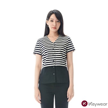 KeyWear奇威名品 時尚休閒條紋針織拼接短袖上衣-黑色