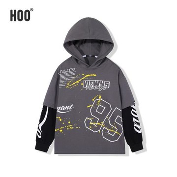 hoo男童衛衣青少年連帽兒童洋氣上衣中大童拼接袖套頭衫春秋款
