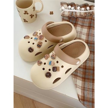 夏季沙灘百搭戶外穿可愛風拼色涼拖鞋女士新款咖色小熊防滑洞洞鞋