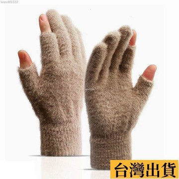 🌱台灣發出🌱 冬季加厚加絨手套貂毛露二指觸屏手套