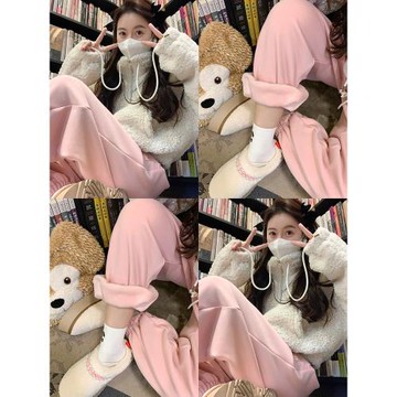 曾小咸 舒適主義 加絨加厚高腰粉色衛褲女春季通勤顯瘦束腳休閑褲