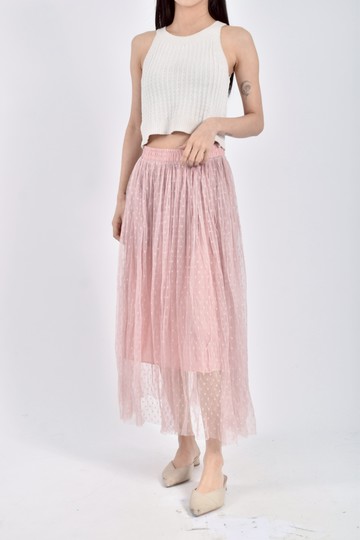 (S) 質感紡紗鬆緊腰粉色長裙