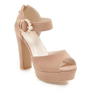 【Sp house】魅力指標磨砂一字扣珍珠魚嘴高跟涼鞋(3色可選)