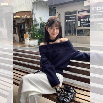 💛限時下殺💛深秋初冬穿搭一字肩加厚套頭毛衣女秋冬重工奶fufu的慵懶針織上衣