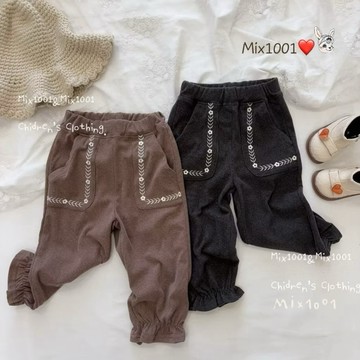 🌈✨mix1001暖絨🔥花藤刺繡口袋造型縮腳褲 ✨兒童口袋荷葉邊褲5-17