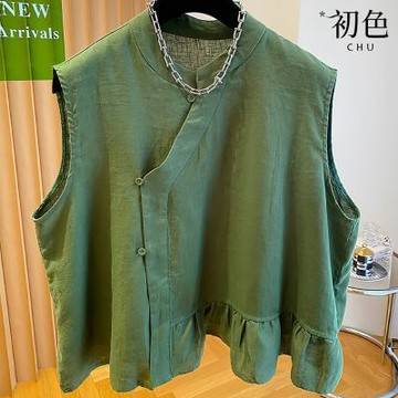 初色 新中式棉麻風圓領無袖斜襟扣不對稱下擺荷葉邊上衣女上衣-綠色-51863(M-2XL可選)