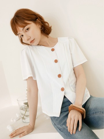 圓領拋袖開襟撞色車線上衣