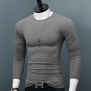 男士圓領長袖T恤莫代爾棉秋季上衣打底衫修身純色薄款韓版體恤潮