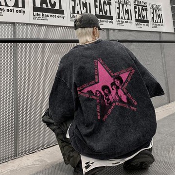 五角星重磅短袖T恤男潮牌潮流水洗做舊大碼半袖夏季美式高街體恤