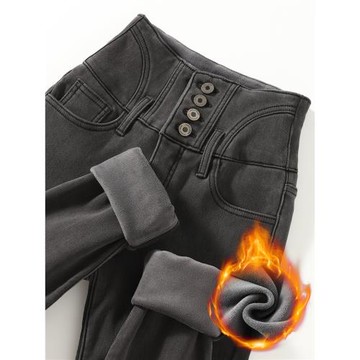 (免運)煙灰色高腰加絨加厚牛仔褲女2025年冬季新款顯瘦修身彈力小腳長褲