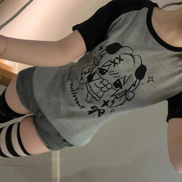 現款免運 日係遮肉亞文化插肩動漫撞色圓領短袖T恤女可愛軟妹萌感上衣女生 y2k 辣妹 甜酷 B5S9@
