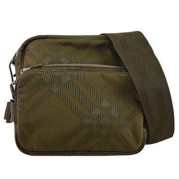 BURBERRY 8092199 格紋緹花前口袋雙拉鍊斜背方包.軍綠