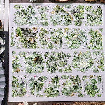 OKMT新七天原創中國風流麻咕卡貼紙PET手帳手賬和紙膠帶 水漣春生