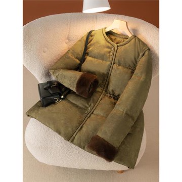 小香風鵝絨服女短款加厚提花抽繩顯瘦拼貂毛袖口2025新款冬羽絨服