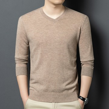 秋冬季男士v領毛衣純棉羊毛衫新款V領商務休閑保暖針織純色打底衫鑫弘-衣錦男裝