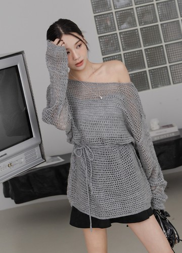 方格洞洞綁帶長上衣