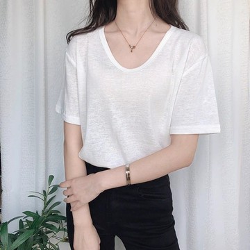 可可裡💎夏季新款短袖女T恤V領寬鬆大碼薄款竹節上衣歐貨體恤潮