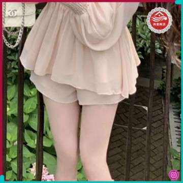 🎀雪紡衣🎀ByYou 夏季設計感露肩泡泡袖收腰中長雪紡衫套裝女高腰短褲兩件套 0JHJ