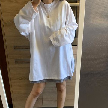 側邊開叉棉質疊穿白色寬松T恤女秋季2023新款長袖內搭打底衫上衣