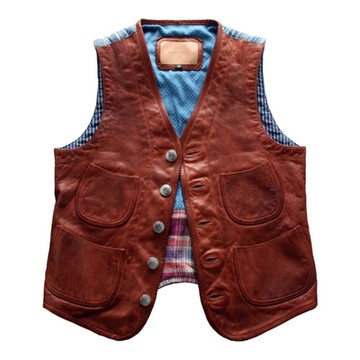 [米蘭精品] 真皮背心皮衣夾克-羊皮坎肩牛仔織布男外套3色74jo9