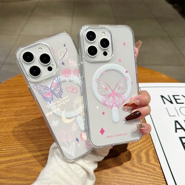 適用蘋果16promax磁吸可爱手機殼粉蝶幸運日iPhone15magsafe7 8 14plus高透13新款12 11