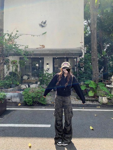 美式直筒迷彩工裝褲女春夏休閑百搭高腰寬松顯瘦闊腿牛仔拖地褲子鑫弘-素時衣櫥